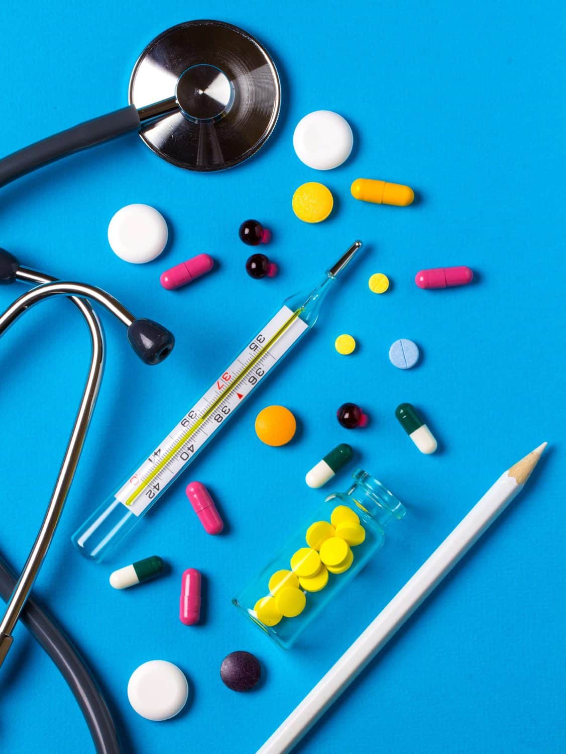 Pharmacist equipment and medicine on a table